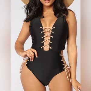 Fashion Nova Black One Piece Swimsuit with Tan Lace-Up